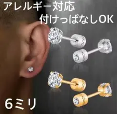 シルバー　サージカルステンレス　6ミリ　ジルコニアピアス　ネジ式キャッチ