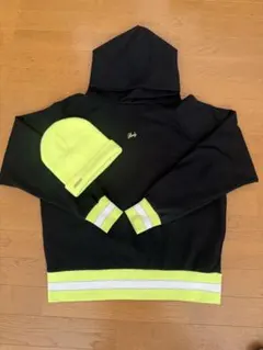 Rady ラインオーバーフーディー ブラックイエロー と ニット帽セット