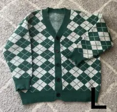 緑と白のダイヤモンドパターンカーディガン 長袖 Ｌサイズ ゆったりサイズ