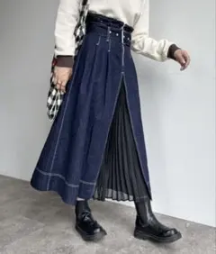 Ciaopanic ベルト付きシフォンプリーツ切替デニムロングスカート 濃紺のサムネイル