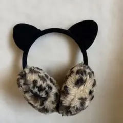 猫耳ふわふわファーイヤーマフ 耳あて黒 ヒョウ柄