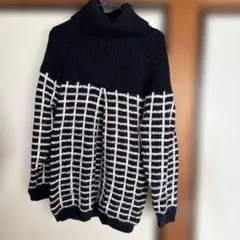 タートルネック 黒白ストライプ ニットセーター