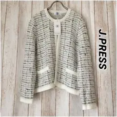 《未使用》J.PRESS大きいサイズノーカラージャケット ホワイト系 ツイード風