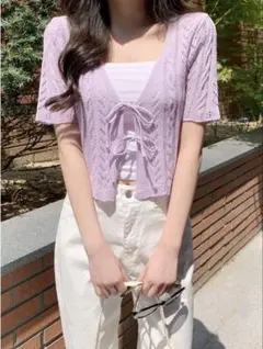 透かし編み カーディガン フロントリボンのサムネイル