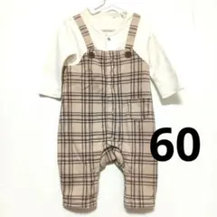 ベージュチェック前開きロンパース60-70　cm 西松屋カバーオール※毛玉あり