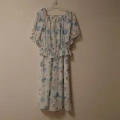 青い花柄 シフォンセットアップ フリーサイズ