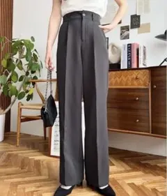 カットジョーゼットセンタープレスストレートスラックスパンツ　グレー