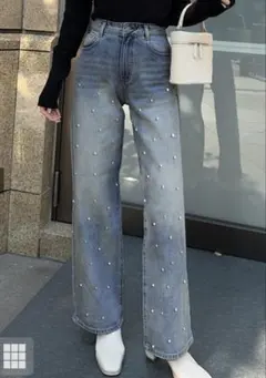 【新品未使用タグ付き】GRL ビジューストレートデニムパンツcu466ブルー L