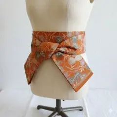【美品】正絹 小袋帯 半幅帯 朱色 菊・桐・笹文様 リバーシブル風 華か 和装帯