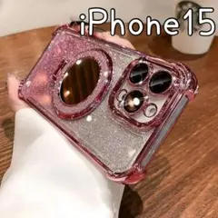 韓国風❥スマホケース iPhone15 キラキラ ラメ ミラー付き ピンク