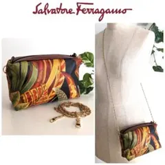 美品 フェラガモ 2way チェーン ミニバッグ ポーチ 柄 レディース メンズ