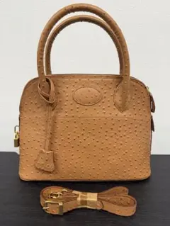 ★美品★オーストリッチ レザーハンドバッグ　ベルトデザイン カデナクロシェット付