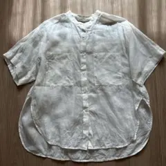 リネン100%ホワイト バンドカラー 半袖シャツ ダブルポケット　シースルーのサムネイル