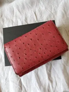 新品オーストリッチ本革ラウンド長財布赤多収納ダブルファスナーレザー 
