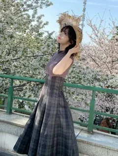 チェック柄ロングワンピース おしゃれ普段着 お出かけにピッタリ