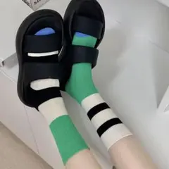 レディースおしゃれ靴下　新品　ストライプデザインリブ編み　春ソックス2足セット