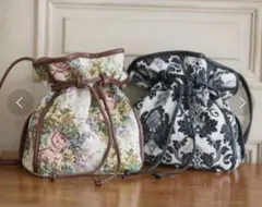 ゴブラン織り花柄巾着型ショルダーバッグ