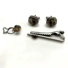タイガーアイ　ネクタイピン　タイタック　カフスボタンセット　虎目石　ブラウン茶色