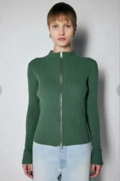 MOUSSY スタンドネック ダブルジップ リブニット グリーン カーキ