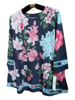 新品お花柄お好きな方へ黒✕赤系花レオナール風チュニックXL〜3L⑤
