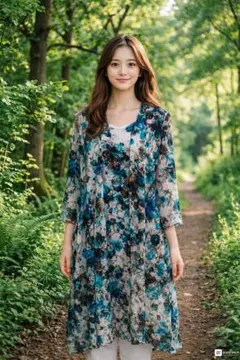 花柄 七分袖ワンピース M-L対応