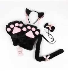 萌えねこアイテム4点セット⭐️耳カチューシャ・首輪・もこふわ肉球・しっぽ (黒猫)