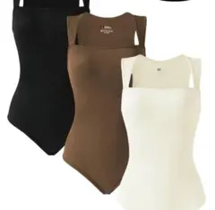 リブ編みスクエアネックボディスーツ 3色セット