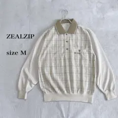 ZEALZIP チェック柄 ベージュ長袖ポロシャツ サイズM 薄手