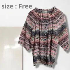 k4【一点物】カットソー/美品 エスニック柄 ゆったり 体型カバー 軽い 楽ちん