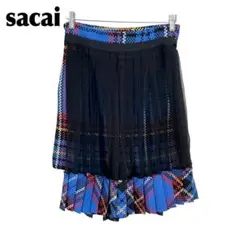 【美品】 sacai チェックドッキングシアーレイヤードプリーツスカート 2 青のサムネイル
