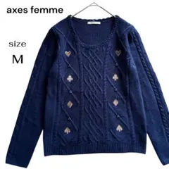 axes femme アクシーズファム 刺繍 ケーブルニット ネイビー M
