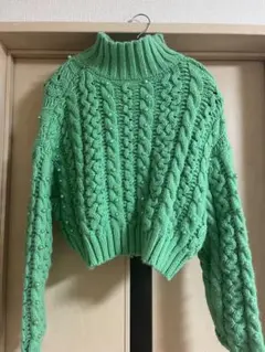 ZARA ザラ クロップド パール ニット グリーン