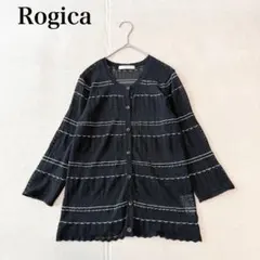 【ロジカ】長袖カーディガン（M)透かし編み ボーダー 羽織り 混綿 シアーのサムネイル