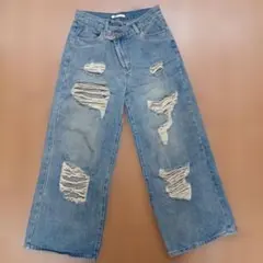 Java ダメージ加工 ワイドデニムパンツ XL ブルー レディースのサムネイル