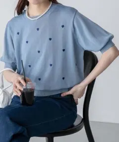 ハート刺繍 パフスリーブ半袖ニットプルオーバー