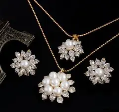 パール・クリスタルピアスと2連ネックレスセット