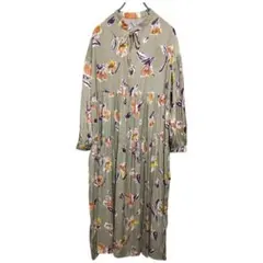 W-12 古着 ロングワンピース 長袖 花柄 レトロ オリーブ レディース