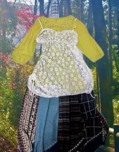 森ガール ピスタチオ コーデ売り お花畑 ボヘミアン