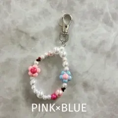 【ビーズストラップ】ハンドメイド フラワー パステル イニシャル ピンク パール