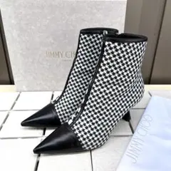 37 Jimmy Choo ショートブーツ　黒　白　千鳥格子　ファスナー　24