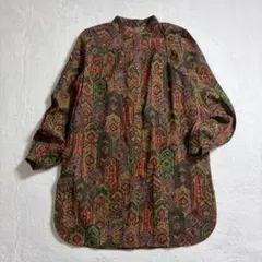 90s/ヴィンテージ総柄シャツチュニック/レトロ/羽織り/スクエアボタン/幾何学のサムネイル