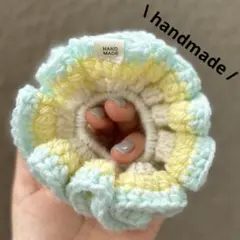 イエローブルー·͜·シュシュ‪ ハンドメイド‪ 編み物‪ かぎ針編み 毛糸221