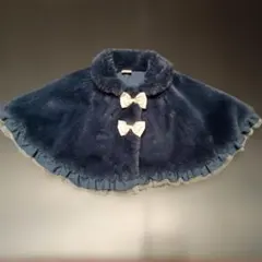 【美品】petit main ネイビー フリル＆リボン付きベビーポンチョ