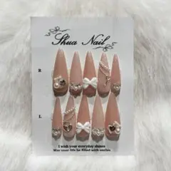 No.24 ネイルチップ ピンク ガーリー リボン 韓国 ワンホン