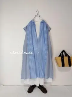 新品✨ cloudnine フレンチスリーブ切り替えギャザーワンピース ブルー