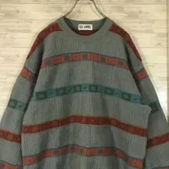 レトロ古着 90s 3D ニット セーター 総柄ノルディック ネイティブ 緑茶L