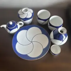 白と青の幾何学模様 陶器セット