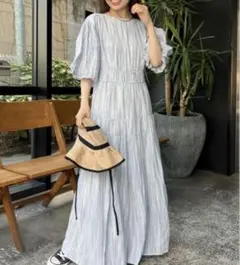 CIAOPANICTYPY すっきり見えストライプバルーンスリーブVネックワンピ