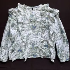 ZARA 花柄フリルブラウス 長袖　ホワイト系 春夏 トップス コットン
