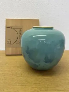 青緑色 花瓶 陶器製 花模様　飾り壺　色彩絵磁